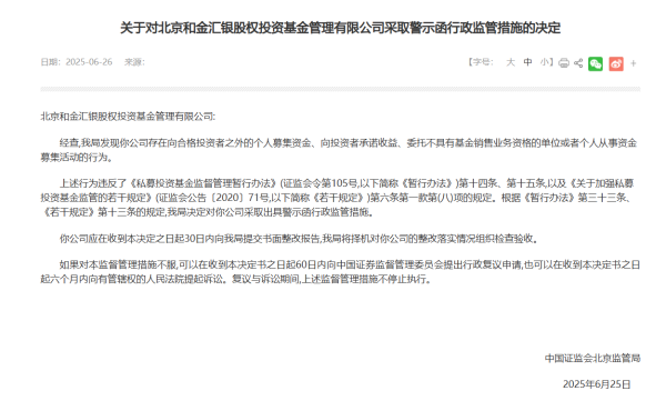 广信配资 北京证监局下发对北京和金汇银股权投资基金的行政监管措施